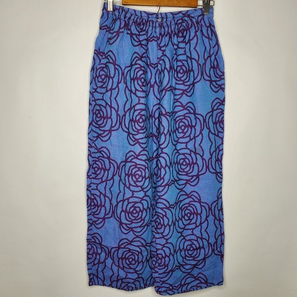 FLAX Womens 100% Linen Pull On Wide Leg Flood Pants Size S Blue Floral Lagenlook - Picture 1 of 9